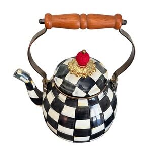 MacKenzie-Childs Courtly Check Enamel 2 Qt Tea Kettle Black White NEW